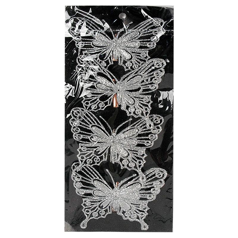Набор ёлочных украшений «Бабочки» 10 см, цвет серебристый, 4 шт.