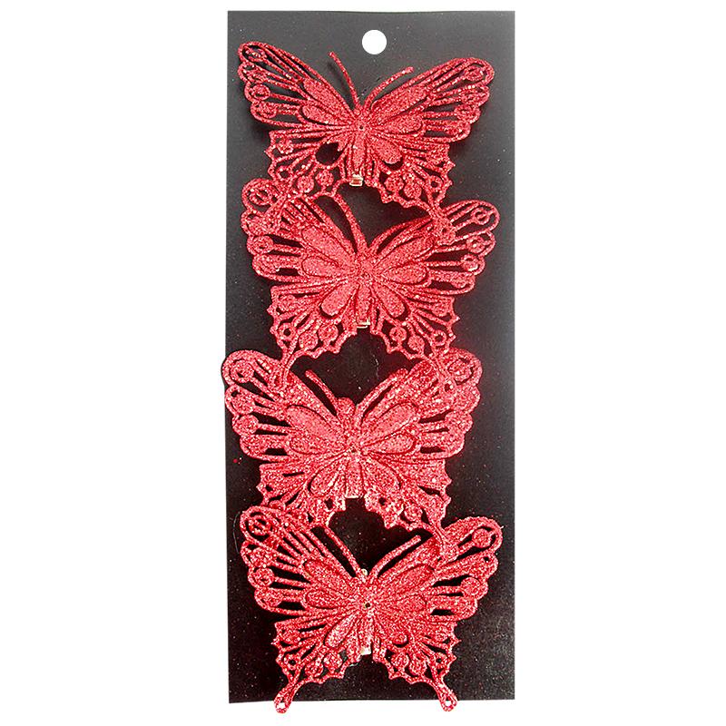 Набор ёлочных украшений «Бабочки» 10 см, цвет красный, 4 шт.